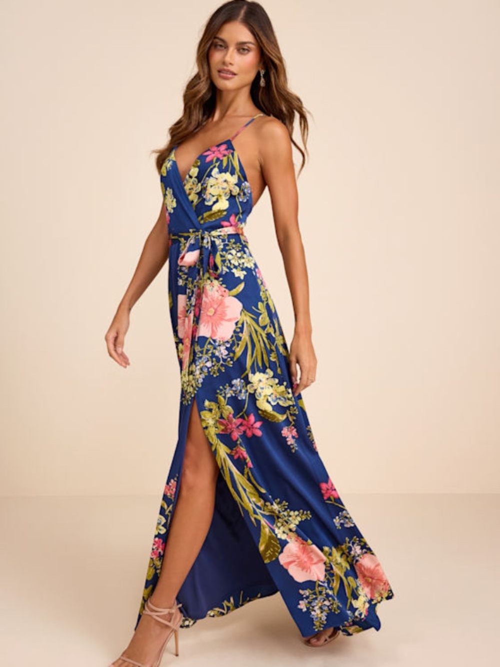 Lulus Still The One Blue Floral Print Satin Maxi Dress - Size M